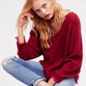 Free People Irresistible Fringe Trim Wool Sweater Burgundy